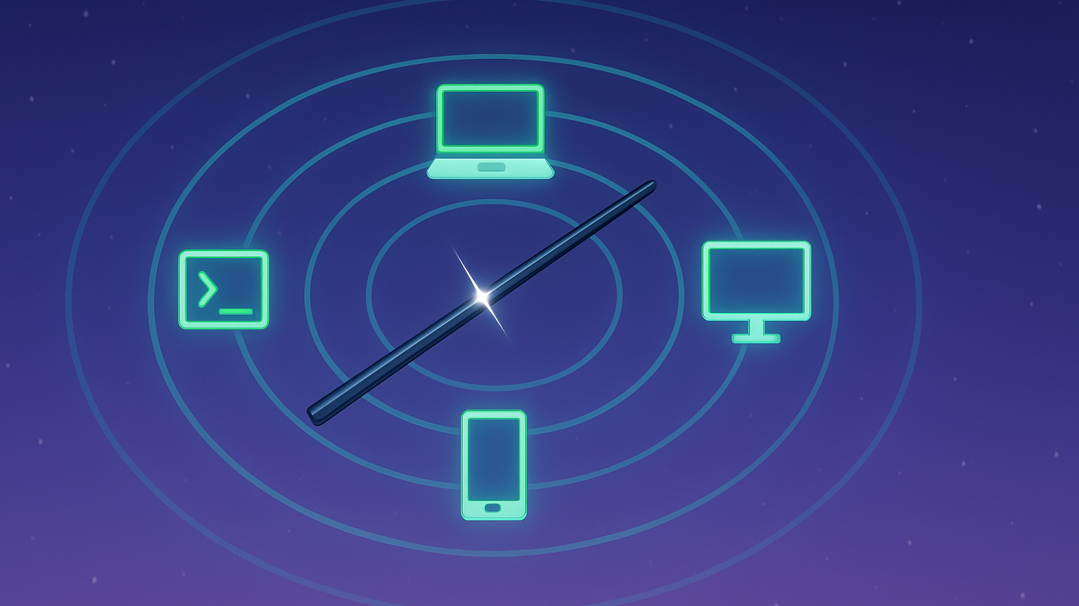 The black conducting baton at the center of glowing radial signal waves, with a laptop, terminal, monitor and phone riding the rings