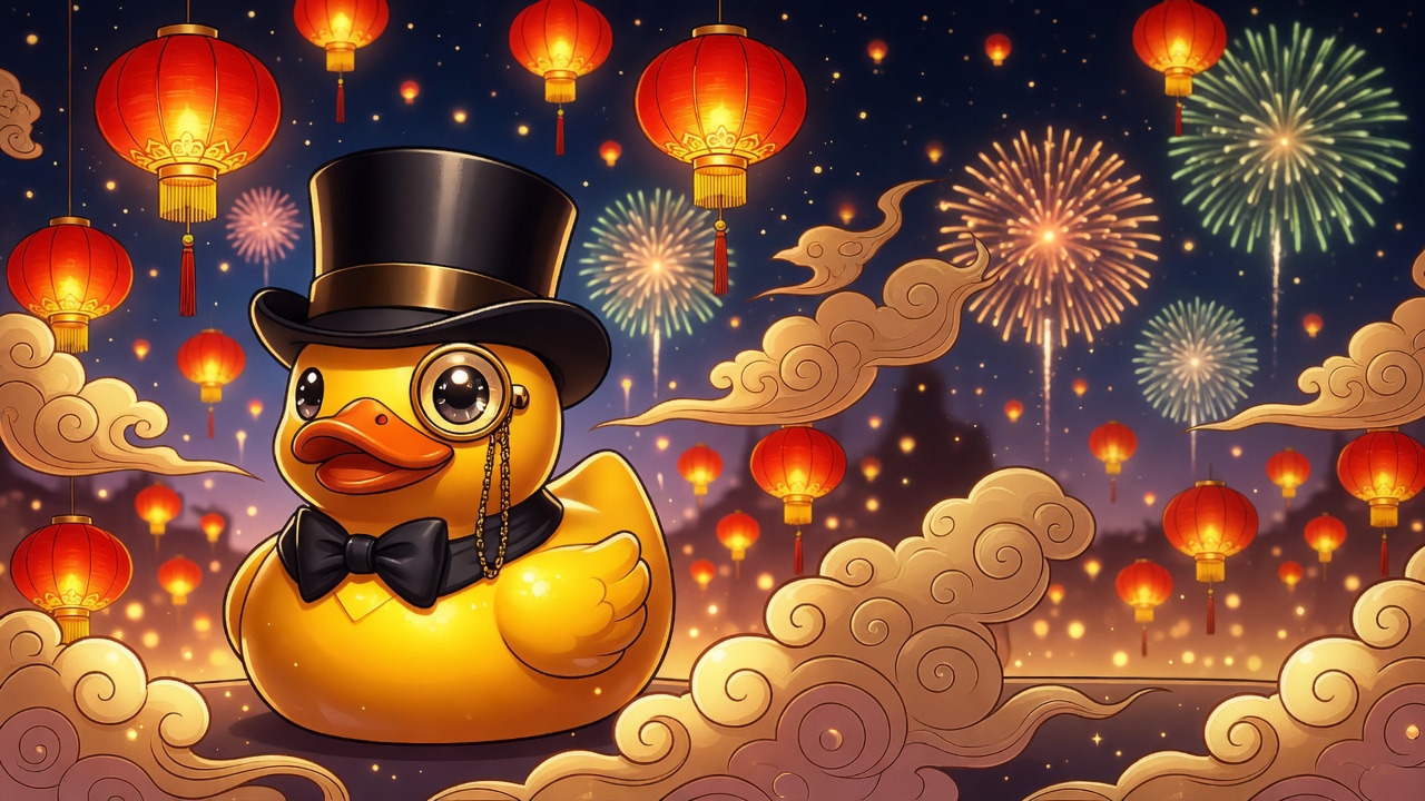 The Cosmic Duck mascot at a lantern festival with fireworks, in anime style
