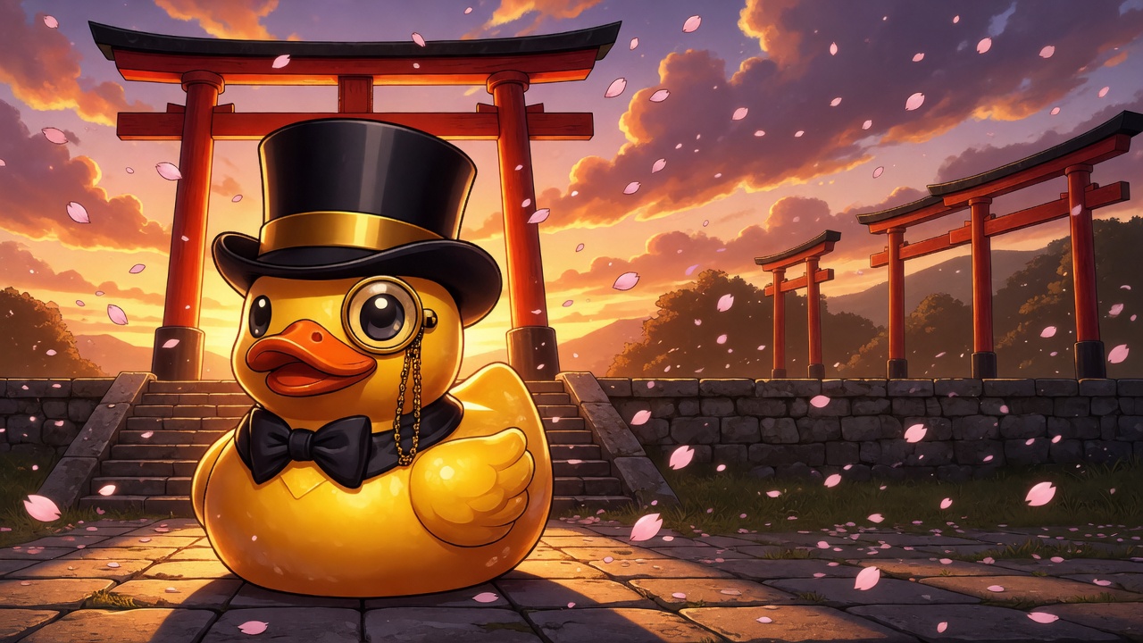 The CosmicDuckOS mascot in anime style before a torii gate at sunset